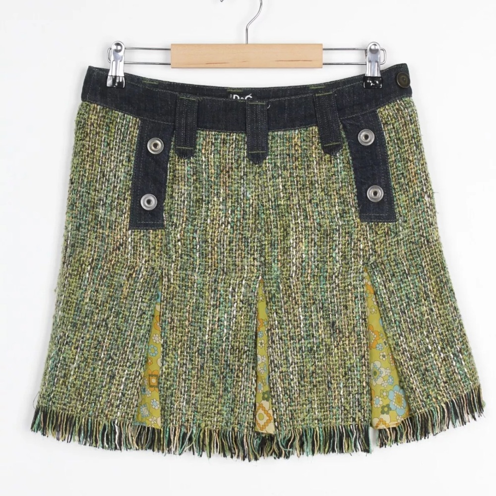 Dolce & Gabanna Tweed Denim Fringe Mini Skirt
